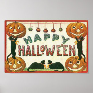 Happy Halloween Pumpkins and Cats Poster