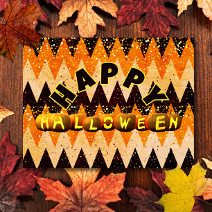 Happy Halloween Pumpkins and Glitter Chevron Holiday Postcard