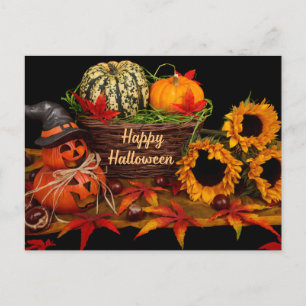 Happy Halloween Pumpkins and Sunflowers  Holiday Postcard