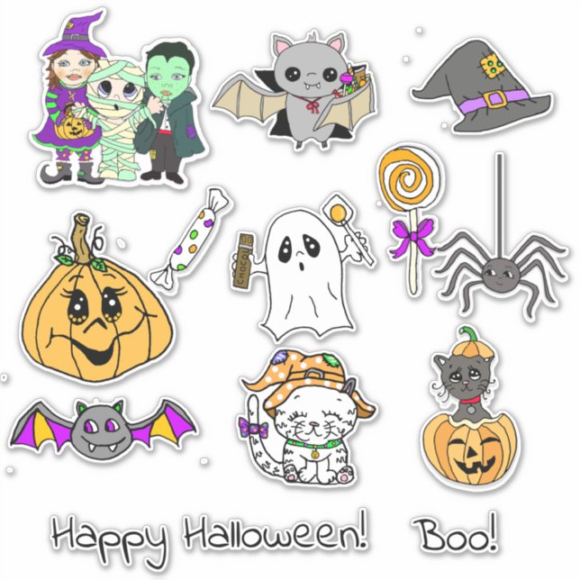 Happy Halloween, Pumpkins, Bats, Ghosts, Costumes (Front)