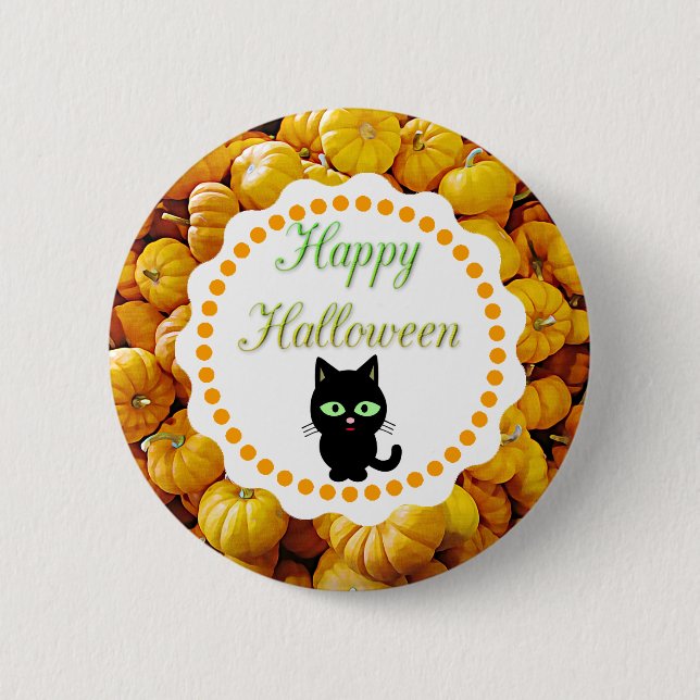 Happy Halloween Pumpkins Black Cat Button (Front)