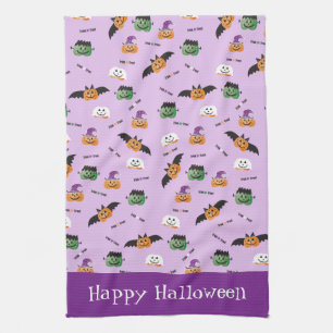 Happy Halloween Pumpkins Dressed Up Pattern Tea Towel