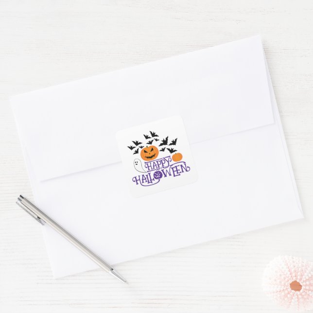 Happy Halloween pumpkins ghost bats purple text Square Sticker (Envelope)
