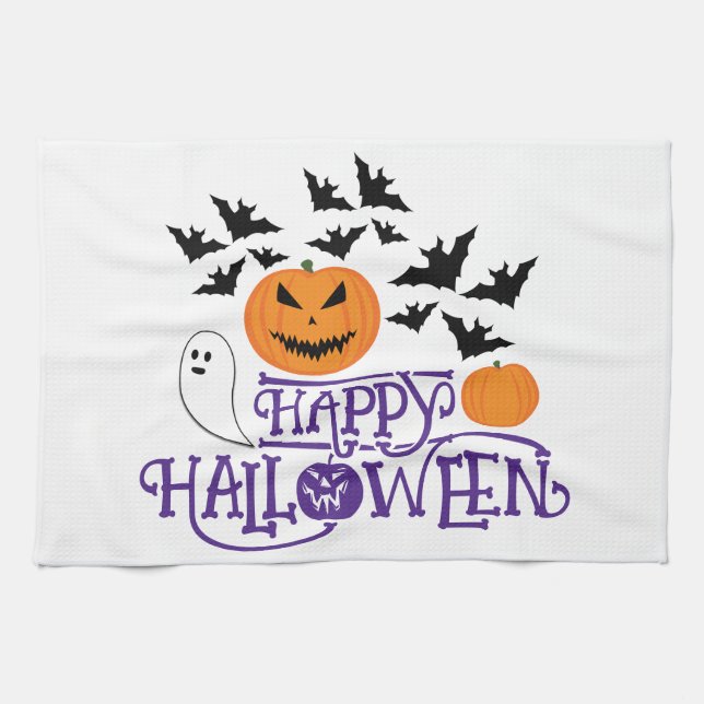 Happy Halloween pumpkins ghost bats purple text Tea Towel (Horizontal)