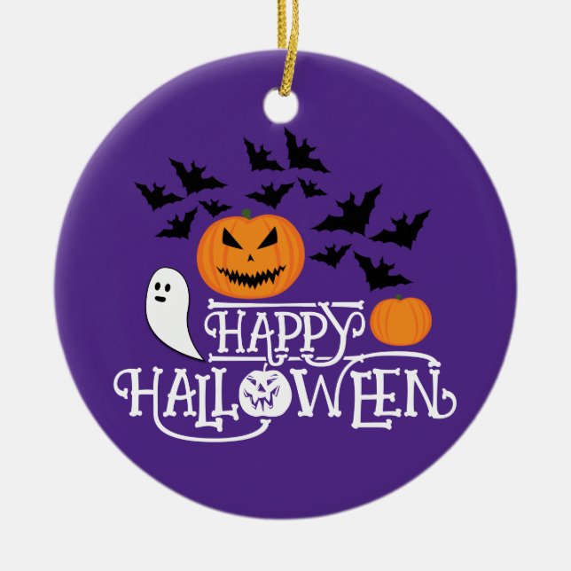 Happy Halloween pumpkins ghost bats text purple  Ceramic Ornament (Front)