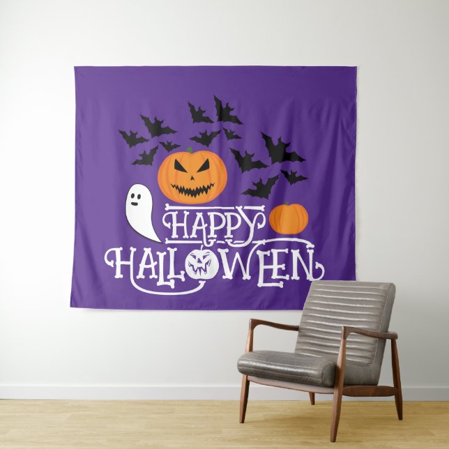 Happy Halloween pumpkins ghost bats text purple  Tapestry (In Situ (Horizontal))