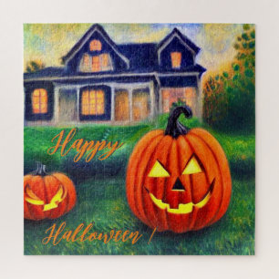 Happy Halloween - pumpkins in front of a house  Jigsaw Puzzle