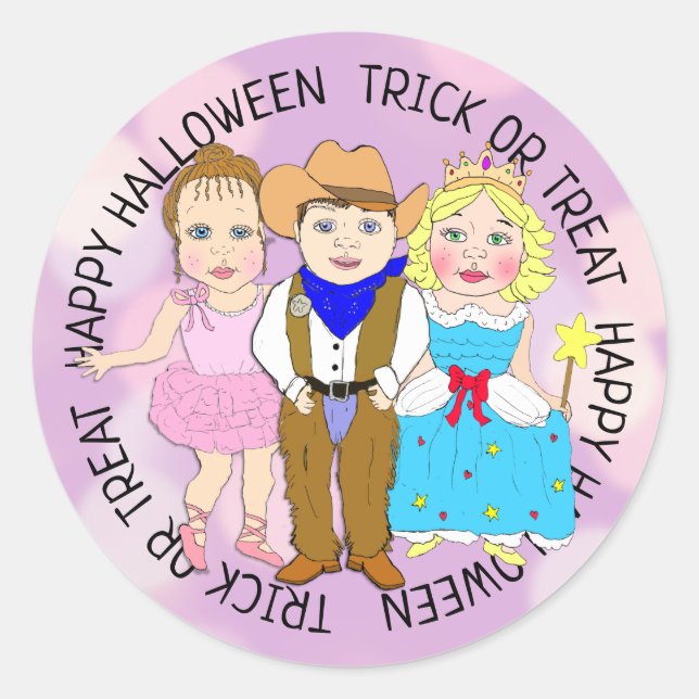 Happy Halloween Purple Kids in Costumes Classic Round Sticker (Front)