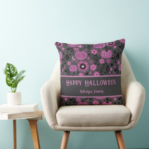 Happy Halloween Purple Pumpkin Family Name Cushion