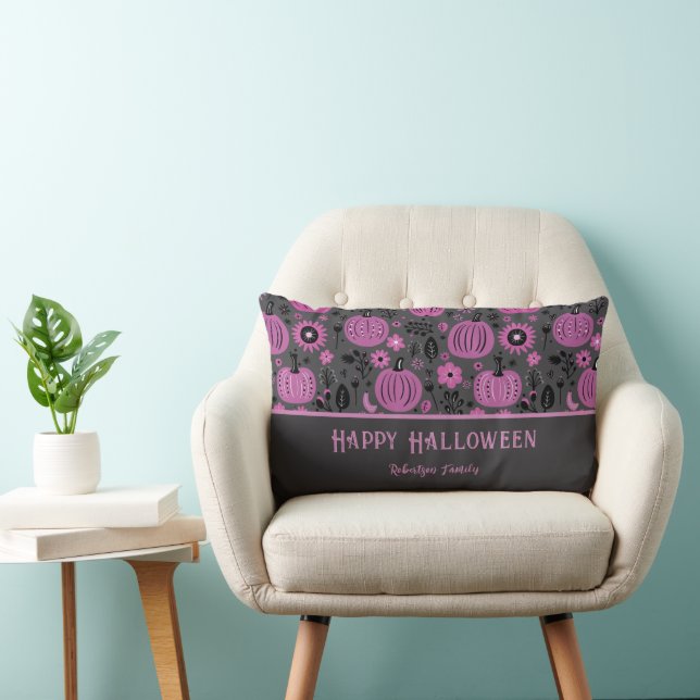 Happy Halloween Purple Pumpkin Family Name Lumbar Cushion (Chair)