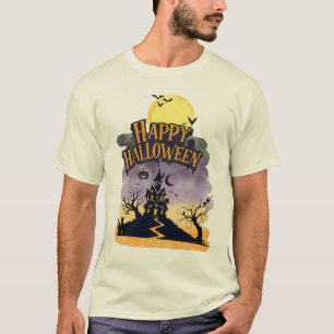 Happy Halloween Purple Sunset Haunted House Design T-Shirt