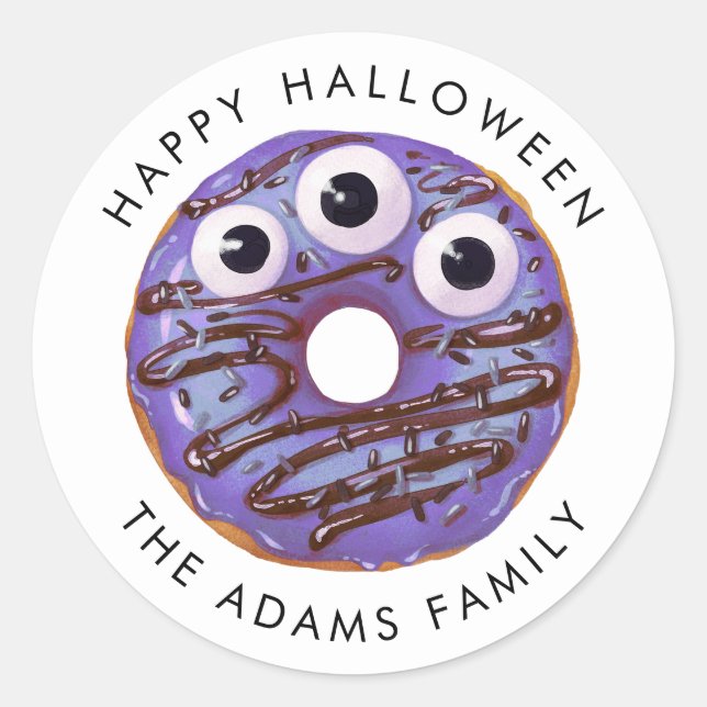 Happy Halloween Purple Three Eyed Monster Doughnut Classic Round Sticker (Front)