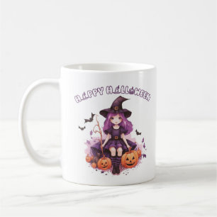 Happy Halloween Purple Witch Pumpkins & Bats Coffee Mug