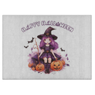 Happy Halloween Purple Witch Pumpkins & Bats Cutting Board