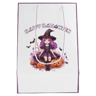 Happy Halloween Purple Witch Pumpkins & Bats Medium Gift Bag