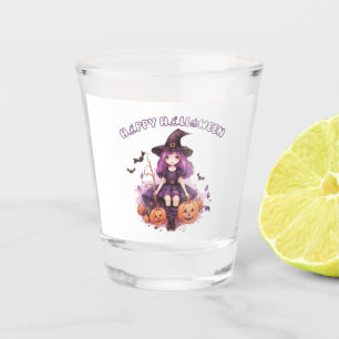 Happy Halloween Purple Witch Pumpkins & Bats Shot Glass