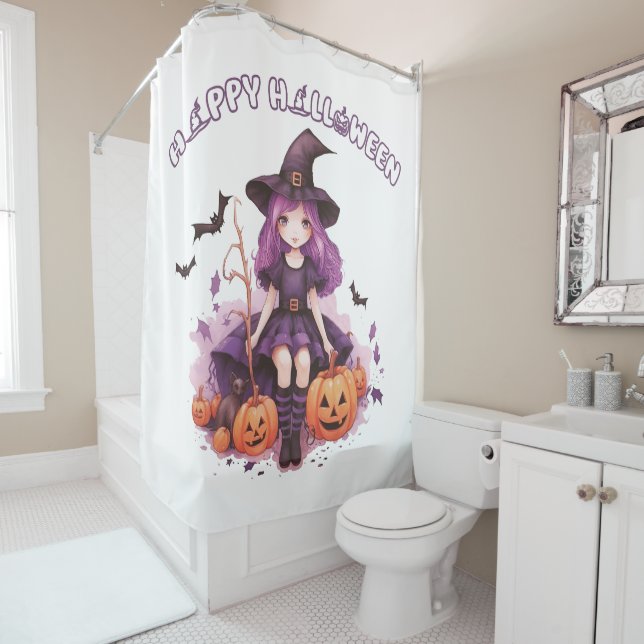 Happy Halloween Purple Witch Pumpkins & Bats Shower Curtain (In Situ)
