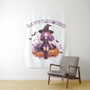 Happy Halloween Purple Witch Pumpkins & Bats Tapestry