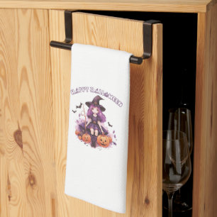 Happy Halloween Purple Witch Pumpkins & Bats Tea Towel