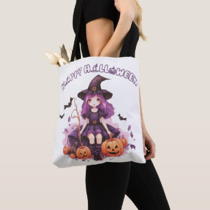 Happy Halloween Purple Witch Pumpkins & Bats Tote Bag