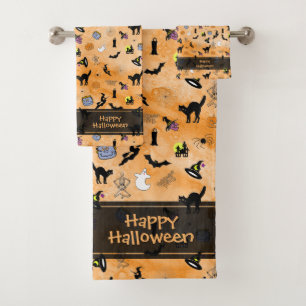 Happy Halloween Random Iconic Pattern Orange Bath Towel Set