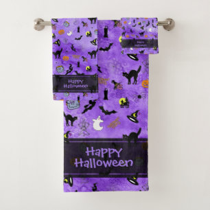 Happy Halloween Random Iconic Pattern Purple  Bath Towel Set