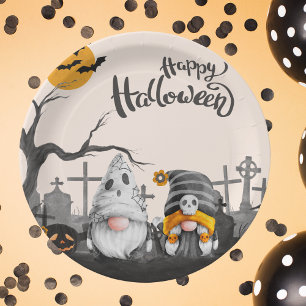 Happy Halloween Retro Gnomes in Cemetery Paper Plate