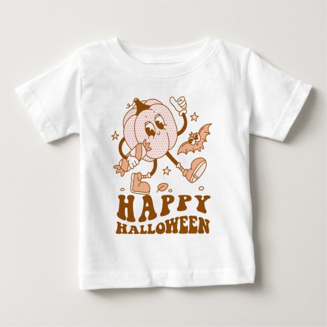 Happy Halloween| Retro Polka Dot Pumpkin Baby T-Shirt (Front)
