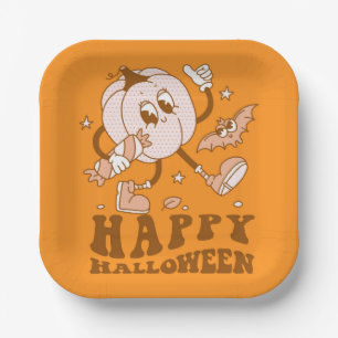 Happy Halloween  Retro Polka Dot Pumpkin Paper Plate