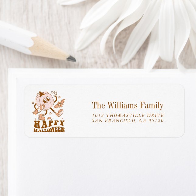 Happy Halloween| Retro Polka Dot Pumpkin Return Address Label (Insitu)