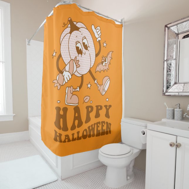 Happy Halloween| Retro Polka Dot Pumpkin Shower Curtain (In Situ)