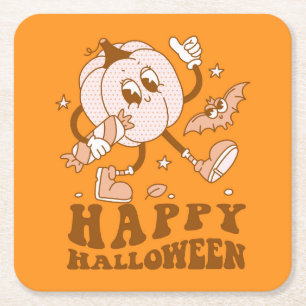 Happy Halloween  Retro Polka Dot Pumpkin Square Paper Coaster