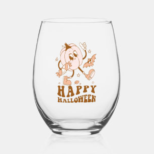 Happy Halloween  Retro Polka Dot Pumpkin Stemless Wine Glass