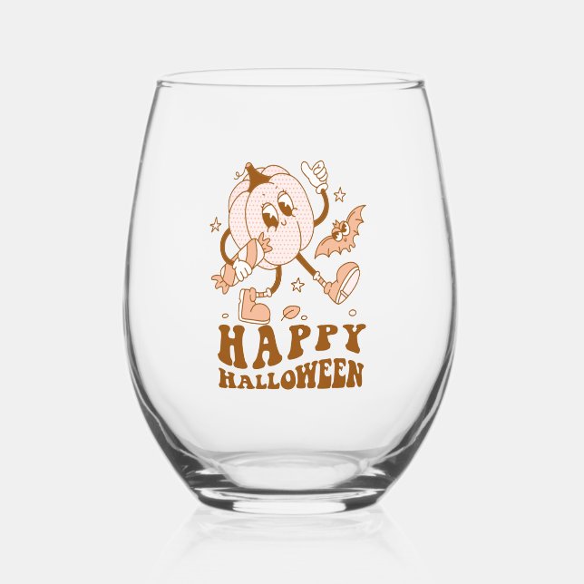Happy Halloween| Retro Polka Dot Pumpkin Stemless Wine Glass (Front)