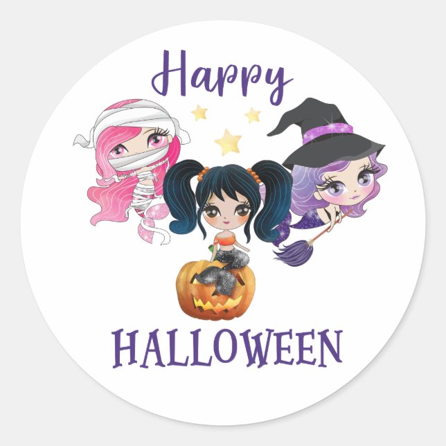 Happy Halloween round sticker Girl Mermaid sticker (Front)
