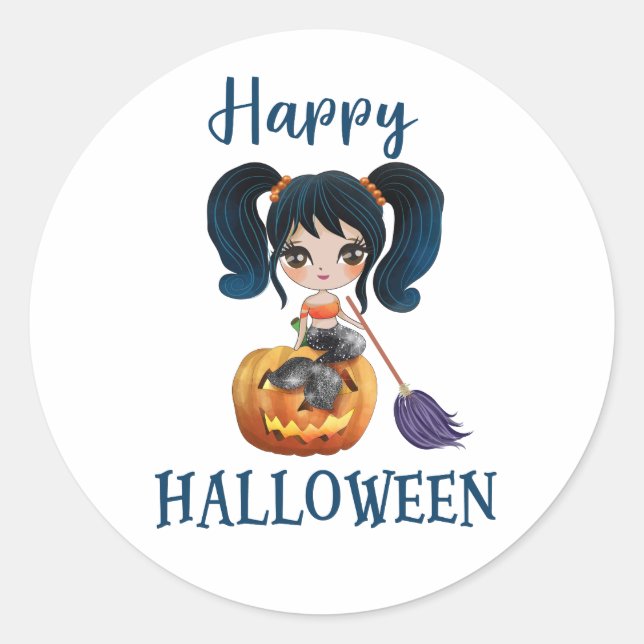 Happy Halloween round sticker Girl Mermaid sticker (Front)
