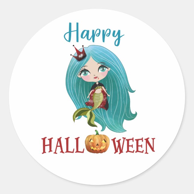 Happy Halloween round sticker Girl Mermaid sticker (Front)