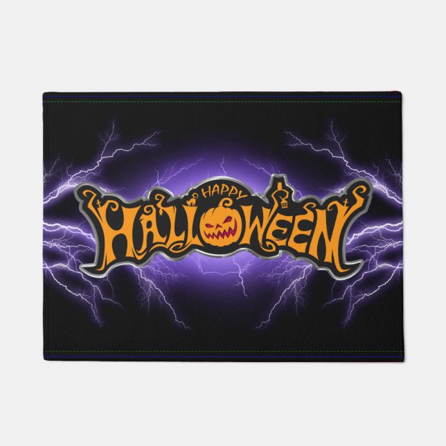 Happy Halloween Ruby Eyed Pumpkin Purple Lightning Doormat (Front)