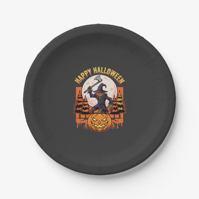 Happy Halloween Scarecrow Jack O Lantern Vector Paper Plate (Front)