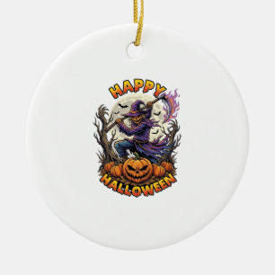 Happy Halloween Scarecrow Reaper Flaming Scythe Fu Ceramic Ornament