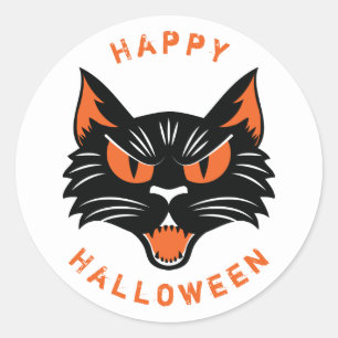 Happy Halloween Scary Black Cat Face Classic Round Sticker