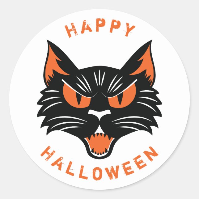 Happy Halloween Scary Black Cat Face Classic Round Sticker (Front)