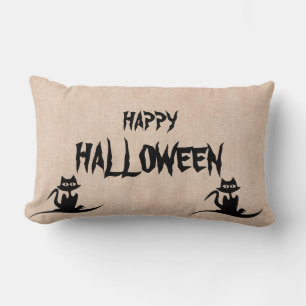 Happy Halloween Scary Cat Burlap Throw Lumbar Cushion
