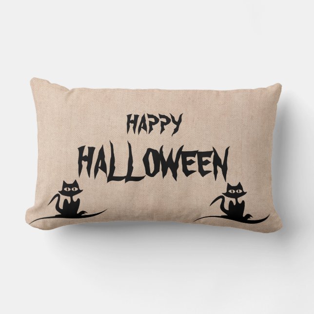 Happy Halloween Scary Cat Burlap Throw Lumbar Cushion (Front)