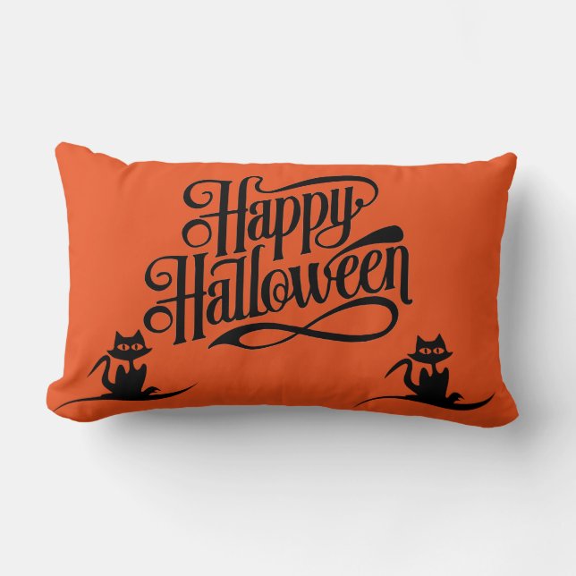 Happy Halloween Scary Cat Orange Throw Lumbar Cushion (Front)