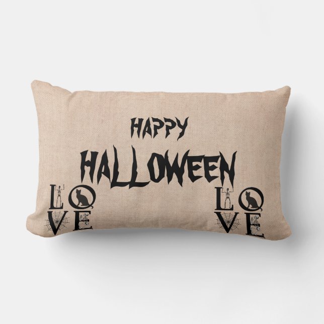 Happy Halloween Scary Cat Skull Burlap Throw Lumbar Cushion (Front)