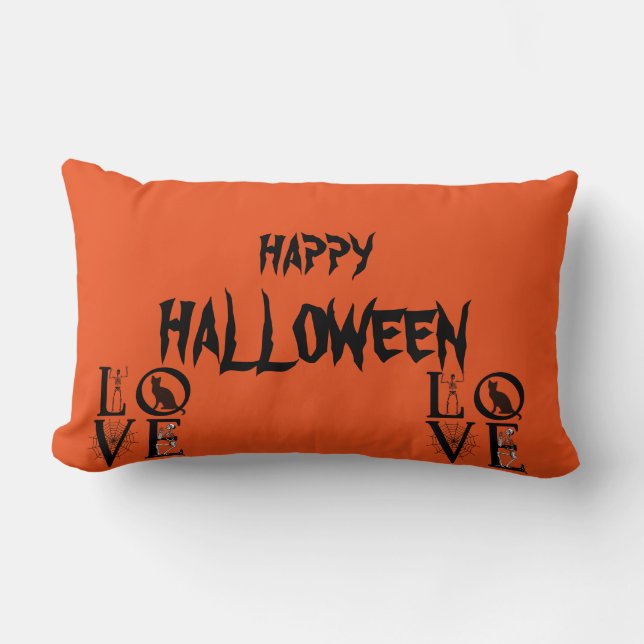 Happy Halloween Scary Cat Skull Orange Throw Lumbar Cushion (Front)