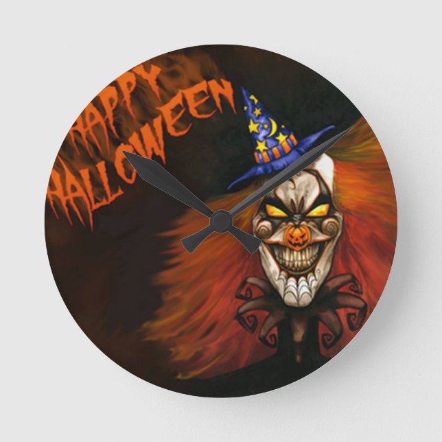 Happy Halloween Scary Clown Round Clock (Front)