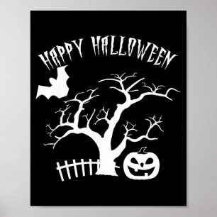Happy halloween scary night tree pumpkin face bat poster