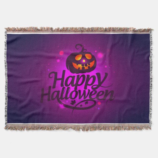 Happy Halloween Scary Pumpkin Throw Blanket (Front)